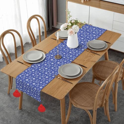 Chemin de table antidérapant flocon de neige 35x152 cm avec pompons