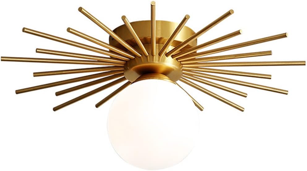 Gold Semi Flush Mount Ceiling Light, 15-inch Mid Century Modern Sunburst Kitchen Ceiling Light with White Glass Globe, Brass Hallway Light Fixture Ceiling Mount for Bedroom Bathroom Entryway