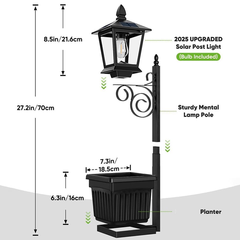 Lampada a energia solare con fioriera, sensore dal tramonto all'alba, vaso da fiori 2 in 1 per giardino, cortile, vialetto, portico, patio, ideale per fiori veri o artificiali