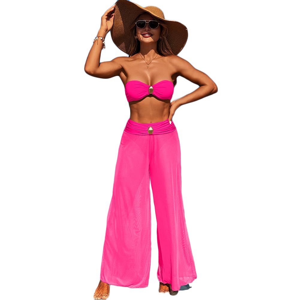 XYFfybhsd Three Piece Women's Bikini Swimwear Beachwear Sexy Swim Wear With Mesh Long Pants Bikinis & Beachwear(Size:M,Color:Pink)