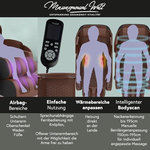 LUX Massagesessel +Bodyscann +Wärmetherapie +Airbag +Bluetooth +Ganzkörper +Zero Gravity, 11 Programme, Shiatsu -Massagesesselwelt | Dunkelgrau/Braun – Bild 4