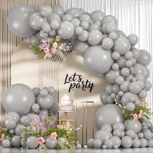 Image of Gray Balloons, 114pcs Different Sizes Matte Grey Balloon Arch Kit, 18 /12 /10 /5Inch for Birthday, Baby Shower, Anniversary, Graduation, Wedding, Party Decorations