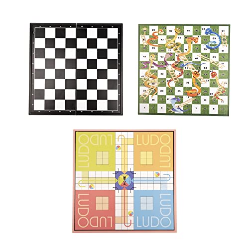 WISHKEY 3 in 1 Family Board Game with Foldable Plastic Board, Magnetic Chess Ludo Snake & Ladder Travel Toys & Games for Kids & Adults, 24 * 24 cm (Pack of 1, Multicolor)