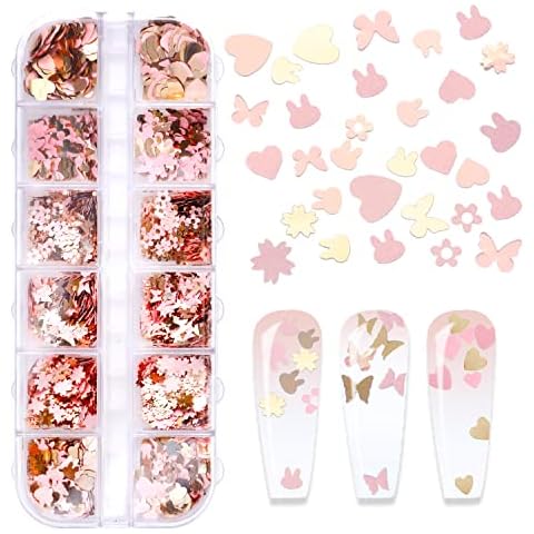 12 Gitter Nagel Glitzer Schmetterling Nägel Charms Rosa Gold Flocken Nageldesign Zubehör Herz Kirschblüten 3D Nagel Pailletten Zubehör Cover