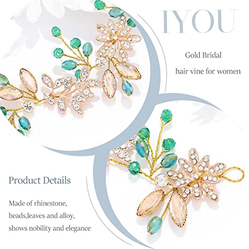 IYOU Crystal Bridal Hair Vine Green Rhinestone Wedding Headband Leaf Headpiece Prom Guest Hair Accessories for Brides and Bridesmaid - Image 4