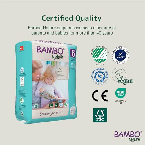 Image of Bambo Nature Premium Baby Tape Diapers for Kids XXL Size (16+ Kgs), Super Absorbent, Breathable, Extra Soft, Dermatologically Tested, Hypoallergenic Toddler Nappies With Wetness Indicator, 20 Count