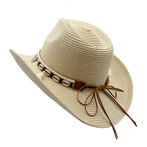 Image of Western Straw Cowboy Hat for Women Beach Sun Hat for Men Wide Brim Fedora Hat Cowgirl Hats Summer Panama Hat