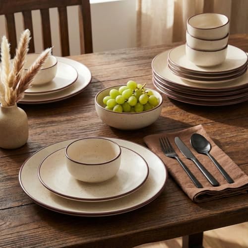 Image of Ceramic Dinner Set, Beige with Brown Rim, Speckled Finish, 18 Pieces