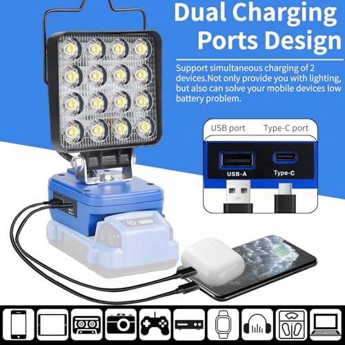 Image of Portable LED Work Light Compatible with Kobalt 24V Battery, 48W 4200LM Cordless Flood Lights with USB & Type-C, Low Voltage Protection, for Job Site Lighting, Camping Outdoor (No Battery)