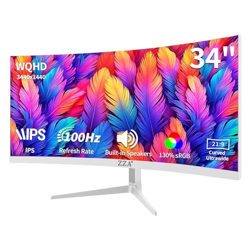 34'' Ultrawide Curved Monitor-WQHD 3440x1440 Resolution,100Hz, IPS Panel, Built-in Speakers,3800R Curvature,HDR10,AMD FreeSync Premium,21:9 Aspect Ratio,Low Blue Light,Flicker-Free Technology-White