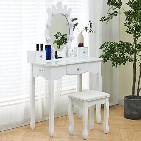 4HOMART Yvonne&F.L.A.M. Makeup Vanity Table Set Vanity Desk with Stool with Drawers Dimmable Bulb Light Dressing Table with Mirror,Voice and Touch Control Light,Make up Vanity for Girls Women Cover