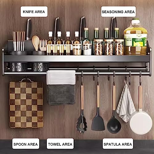 Étagère à épices murale de 70 cm avec crochets - Facile à installer - Rangement polyvalent à suspendre pour casseroles et poêles - Solution pour les petites cuisines