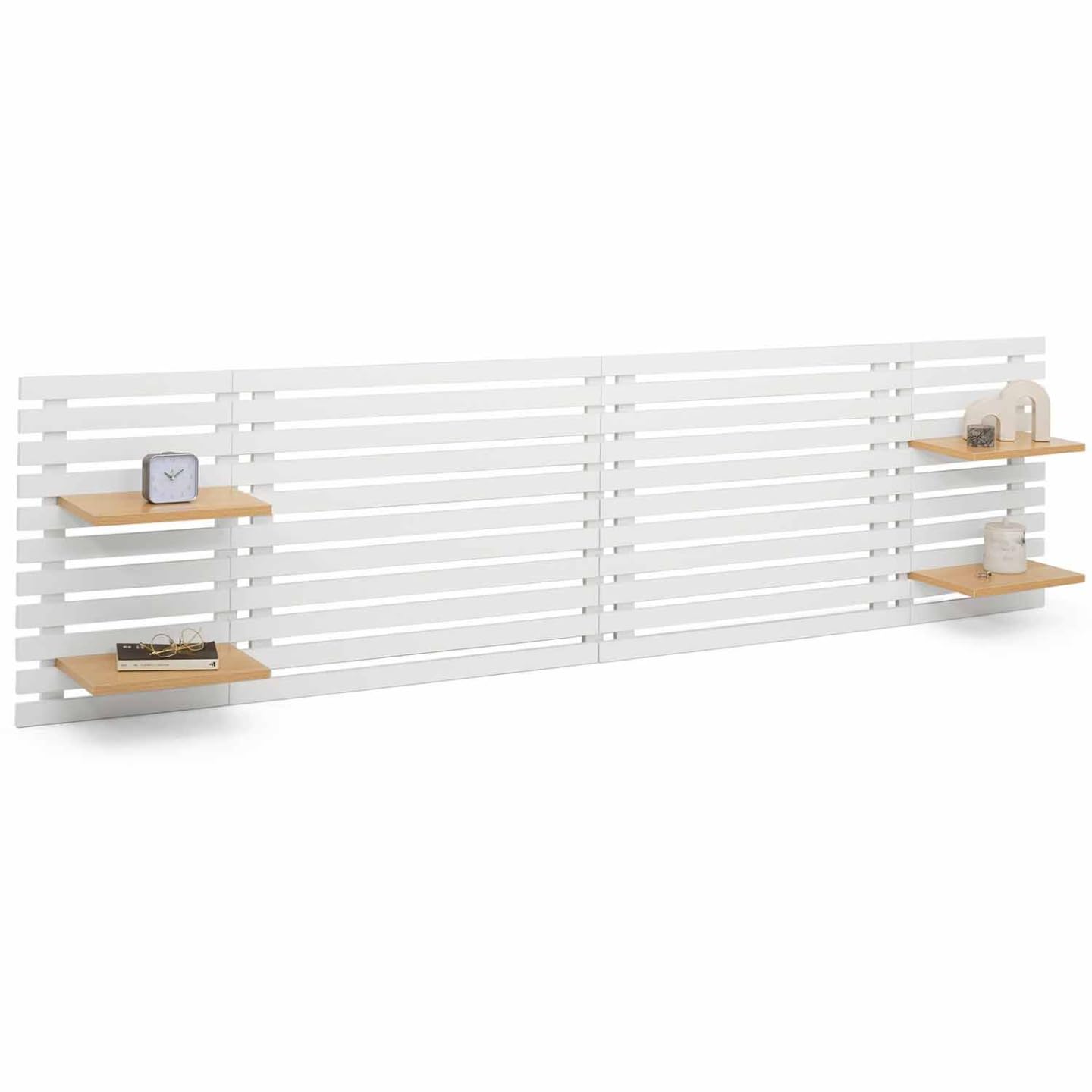 IDMarket - Cabecero de cama colgante AVA 240 cm, madera blanca y estantes de haya