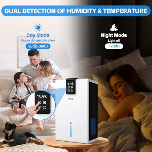 Image of PSOS Dehumidifier, Dehumidifiers for Home, 98OZ Water Tank, (1000 sq.ft) Quiet Dehumidifier for Basement Bathroom Bedroom with Humidity Display, Relaxing 7 Color Ambient Light, Auto Shut Off(White)