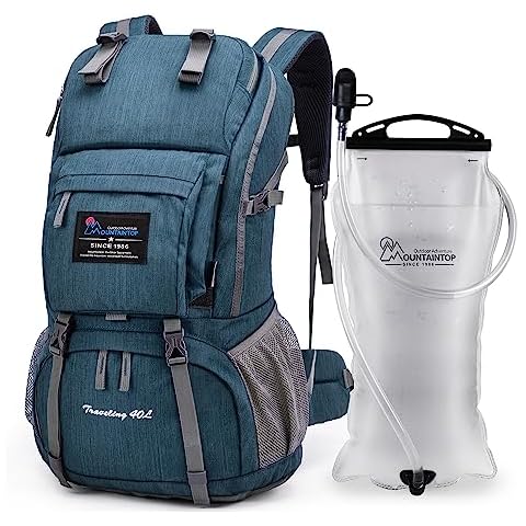 MOUNTAINTOP 40L Hiking Backpack with 3L Hydration Bladder for Women & Men Outdoor Travel Camping Day Pack with Rain Cover, 21.7 x 13 x 7.9 in,Blue Sky Cover