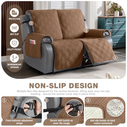 Image of TAOCOCO 100% Waterproof Loveseat Recliner Cover, Non Slip Split Recliner Couch Cover with Elastic Straps, Washable Reclining Sofa Cover Furniture Protector for Kids, Pets(2 Seater, Brown)