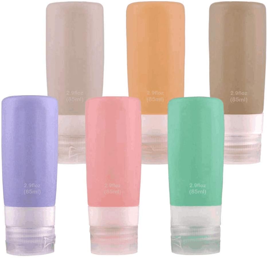 Silicone Travel Bottles Set, 2.9 oz TSA Approved LeakProof,Refillable Travel Containers, BPA Free Travel Accessories Bottles for Shampoo Toiletries Conditioner Lotion Sunscreen Face (6 Pack)