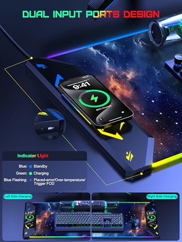 Image of TopMade Wireless Charging Mouse Pad, RGB Gaming Mousepad, 35.4 inch x 15.8 inch Extra Large Waterproof Keyboard Desk Pad, Computer Desk Mat, Blue Nebula (Includes 20W PD Power Adapter & 6.56ft Woven Cable)