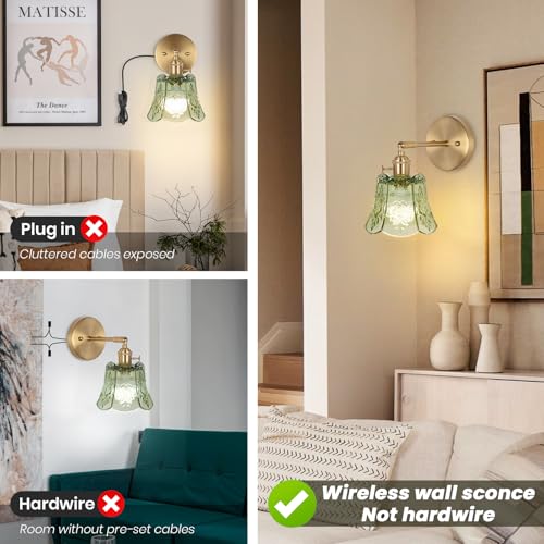 Image of Battery Operated Wall Sconce, Wireless Battery Powered Rose Wall Sconces with Remote Control, RGB Dimmable LED Vintage Wall Light for Bedroom,Living Room, Hallway（Deep Green）