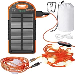 SOONCOR String Lights Indoor Outdoor with Solar Panel Charger Waterproof Rechargeable 17 LEDs Detachable 30FT Long of 7 Lighting Modes for Bedroom Wall Decoration Camping Hiking and Garden Tree.