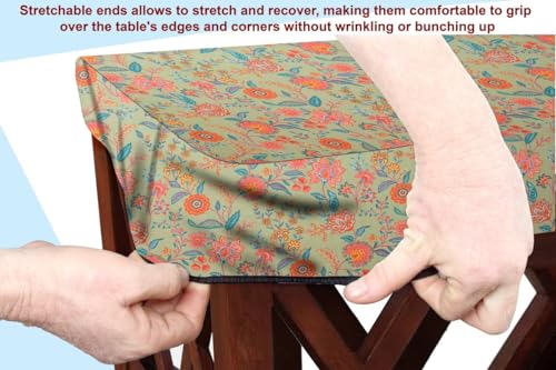 Image of The Furnishing Tree Elastic Cotton Rectangular Center Table Cover 14x24 in Inches Floral Multicolor on Green Base