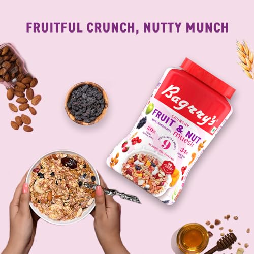 Image of Bagrry's Crunchy Fruit & Nut Muesli With 30% Fruits & Nuts - 1kg Jar | 38% Fibre Rich Non GMO Oats | 16 Real & Freeze Dried Fruits & Nuts Muesli | Breakfast Cereal | Protein & Fibre Rich | No Added Preservatives