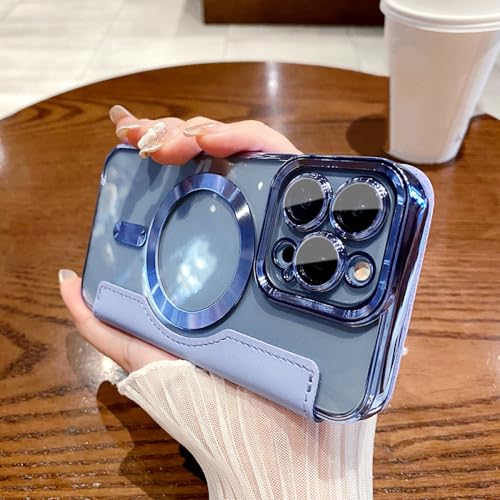Étui de téléphone magnétique en cuir de luxe pour iPhone 14 finition placage Bleu Pic
