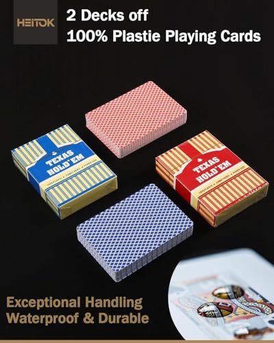Image of HEITOK Poker Case 300 Chips 14g Clay Composite Numbered Texas Holdem Set | 2-8 players, easy-to-read values, blackjack, cards, dice, dealer and small /big blind buttons, polycarbonate shell