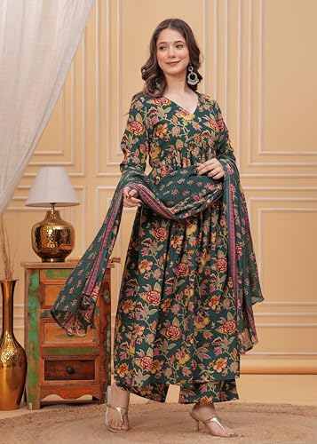 Image of MEERA FAB Women's Cotton Blend V-Neck Anarkali Printed Kurta with Palazzo & Dupatta