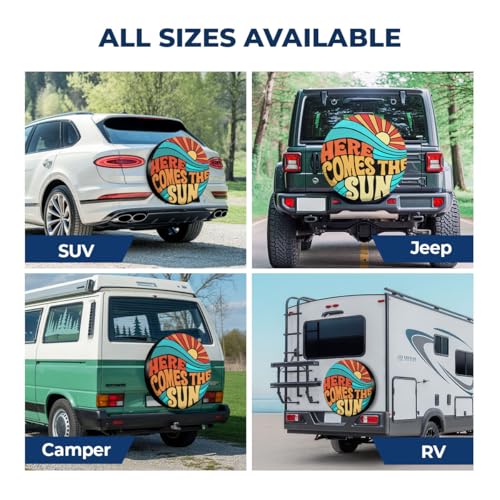 Image of GENANY Hippie Here Comes The Sun Size 18 Premium PVC Leather Spare Tire Cover, Universal Fit for RV Jeep Camper Trailer, Dustproof, Waterproof Jeep Tire Cover with No Camera Hole, Spring Car Decor