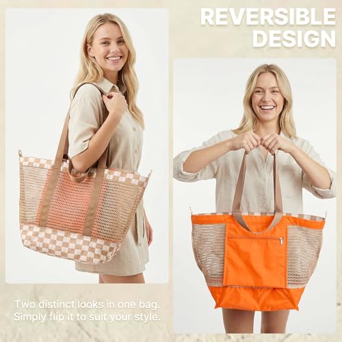 G4Free Mesh Beach Bags for Women Men Extra Large Packable Beach Tote Bag Reversible Travel Pool Shopping, Brown & Orange — view 6