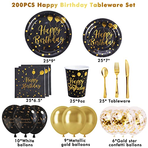 200Pcs Happy Birthday Plates And Napkins Party Supplies,Black And Gold Birthday Party Decorations,25 Guests Peper Plates,Napkins,Ballons,Cups,Forks,Knives And Spoons For Birthday Party #TOP4