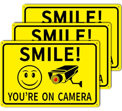 3-Pack Smile You're On Camera Signs 8'x12' Rust Free Aluminum Video Surveillance Signs Outdoor...
