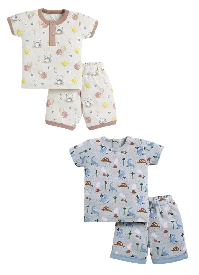 Image of Baby Girls 100% Cotton Printed Half Sleeve T-shirt & Short Summer Clothing Sets (Pack Of 2)