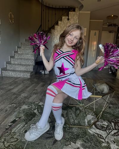 Image of LOLANTA Cheerleader Costume for Girls Halloween Cheer Uniform Outfit | 4Pcs Complete Cheerleading Set with Top, Skirt, Socks and Pom Poms, Cheer Outfits for Halloween Cosplay Christmas
