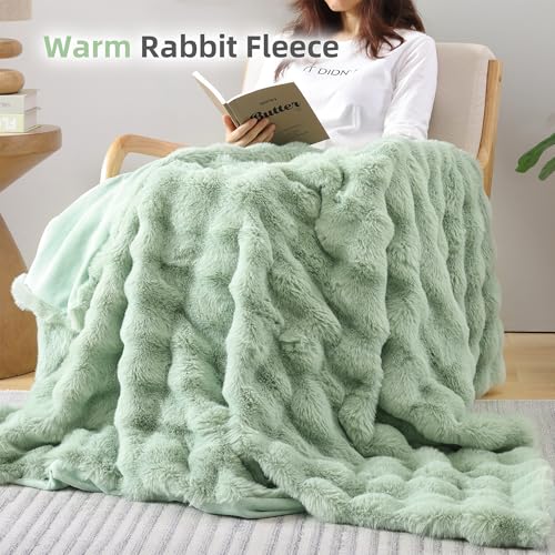 Smoofy Faux Fur Throw Blanket for Couch – Sage Fluffy Cozy Rabbit Fleece, Plush Soft Bubble Blanket for Sofa & Bed, for Mom, Warm Fuzzy Home Room Decor Throw 50" x 60"