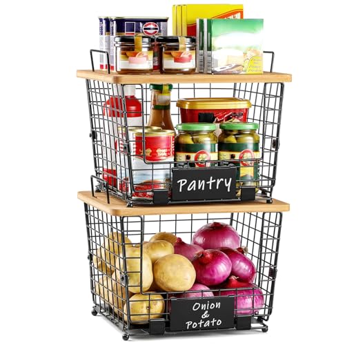 2 Set Large Stackable Wire Basket with Bamboo Tops & Tag- Pantry Organizer and Storage Bins, Kitchen Counter Cabinet Shelf Countertop Under Sink Organizing for Food Snack Produce Onion Potato Bread