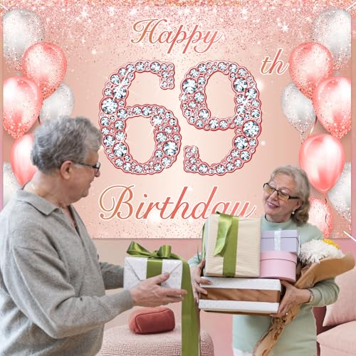 Image of Happy 69th Birthday Rose Gold Banner Cheers to 69 Years Old Backdrop Confetti Balloons Theme Decor for Women 69 Years Old Pink Birthday Party Decorations Bday Supplies Background Favors Gift Glitter