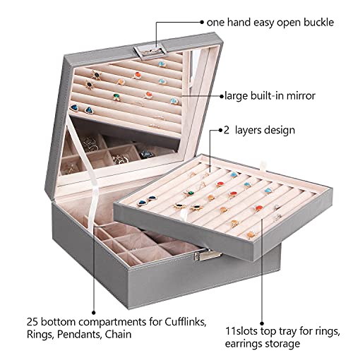 BEWISHOME Ring Organizer and Earring Box Holder - 11 Ring Slots, 25 Earring Compartments, Large Mirror, 2 Layers - Jewelry Box Tray Cufflinks Storage for Girls Women Men, Grey SSH21H by BEWISHOME - Used condition - Image 5