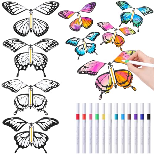 Seenelling 44 Pcs Flying Butterfly Craft Kit with 32 Wind up Butterflies and 12 Color Pens People Painting White Paper Butterflies DIY Toy for Party Game School Activity Birthday Gift (Style 3)