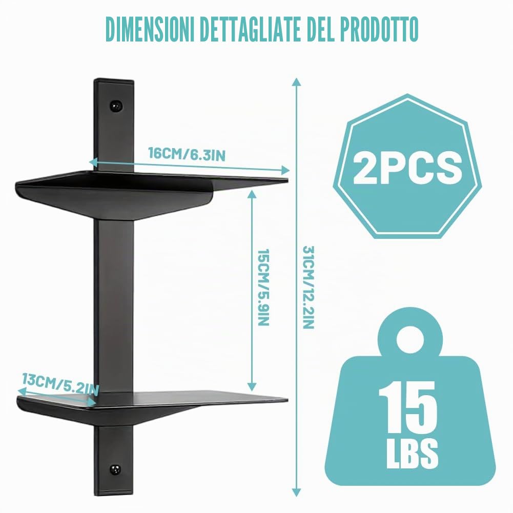 Set di 2 librerie sospese, invisibili, da parete, a 4 piani, in metallo, portata 12 kg per livello, nero