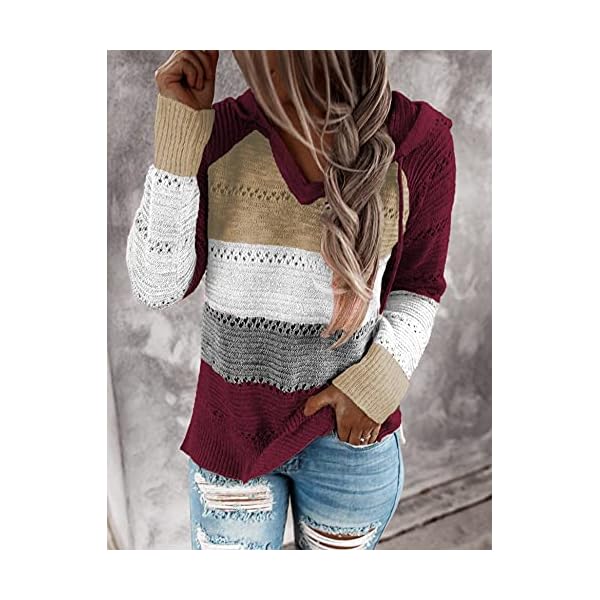Zcfire-Womens-Lightweight-Color-Block-Knit-Hoodies-Sweaters-Loose-Long-Sleeve-V-Neck-Drawstring-Pullover-Sweatshirts Zcfire Christmas Sweater, Women's Lightweight Color Block Knit Loose Long Sleeve Drawstring Pullover Sweatshirts Wine Red Small