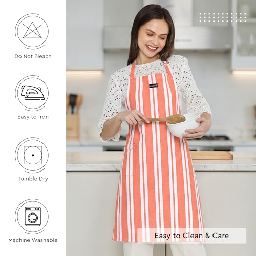 Image of Encasa XO Cotton Cooking kitchen Apron for Women and Men chef apron With adjustable neckstrap, Pocket & Towel Holder for Easy cooking, Baking, BBQ, Gardening- Franca Orange Stripes, 68x85 cm