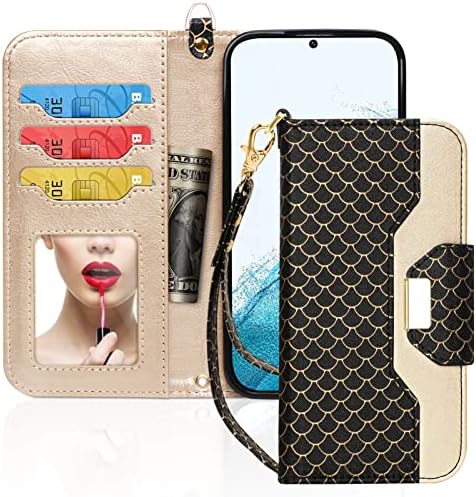 Toplive Flip Case for Samsung Galaxy S22 5G, [Makeup Mirror] PU Leather Wallet Case with Card Holder Kickstand Wrist Strap Flip Cover for Galaxy S22 5G 6.1" Mermaid Black