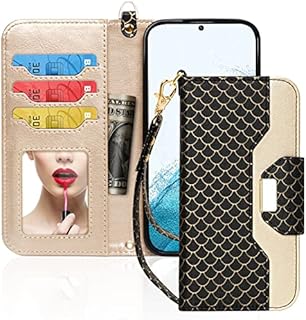 Toplive Flip Case for Samsung Galaxy S22 5G, [Makeup Mirror] PU Leather Wallet Case with Card Holder Kickstand Wrist Strap Flip Cover for Galaxy S22 5G 6.1" Mermaid Black