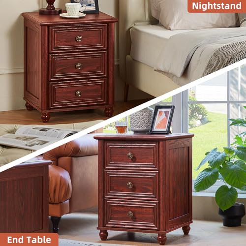 18" Farmhouse Night Stand, Red Oak Wood Nightstand with 3 Drawers, Bedside End Table with Storage and Roman Column, Bed Side Tables Cabinet for Bedroom, Living Room, and Closet