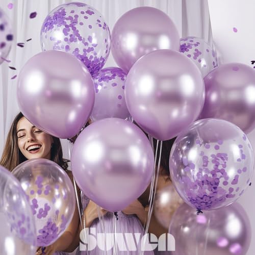 Image of SUWEN Metallic Lavender and Confetti Balloons Set 47PCS Light Purple Latex