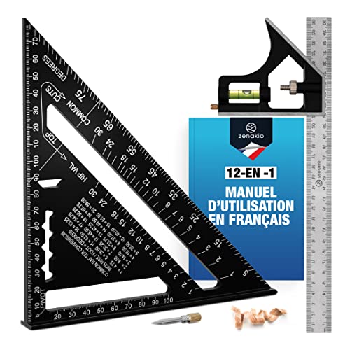 Equerre Menuisier (Set de 2) - Kit Complet Équerres de Charpentier 12-EN-1 - Équerre Trusquin Metal 185mm + Outils de Traçage 300mm - Equerres Multifonctionnels pour Bricolage Outillage