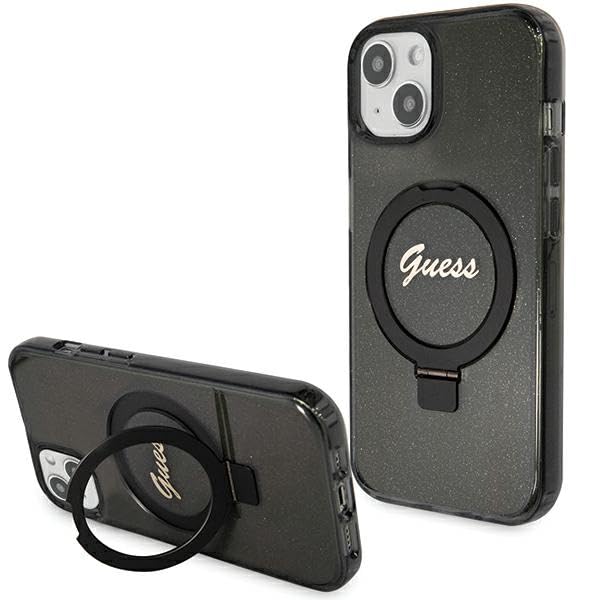 CG MOBILE Guess GUHMP15MHRSGSK Coque pour iPhone 15 Plus 6,7" Noir Hardcase Ring Stand Script Glitter