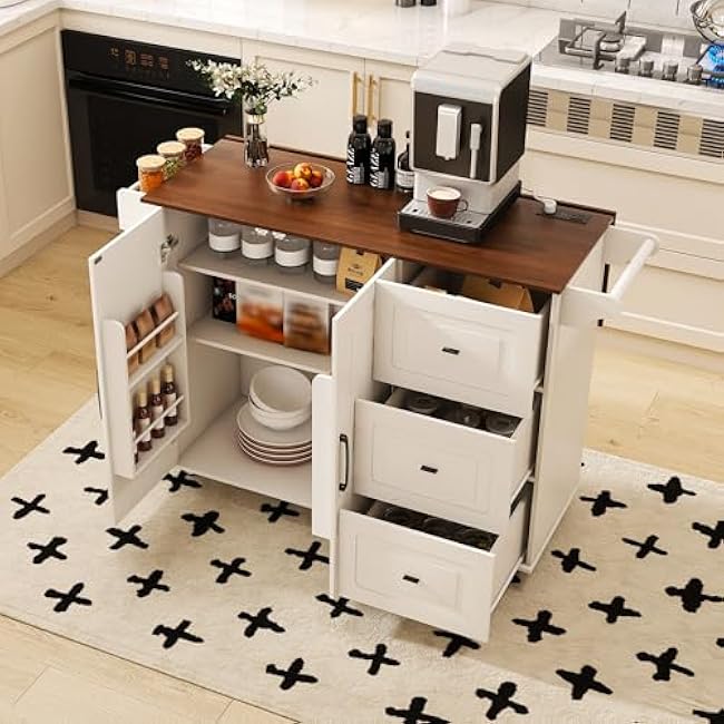 White+Walnut Kitchen Island Cart with Foldable Drop Leaf Tabletop, Mobile Breakfast Bar on Wheels with Wood Top, Large Storage Cabinets£¬Drawers, MDF Kitchen Island for Dining Room, Kitchen-qVChbPy6